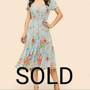 Vintage Midi Floral Print Dress V-Neck A-line Blue